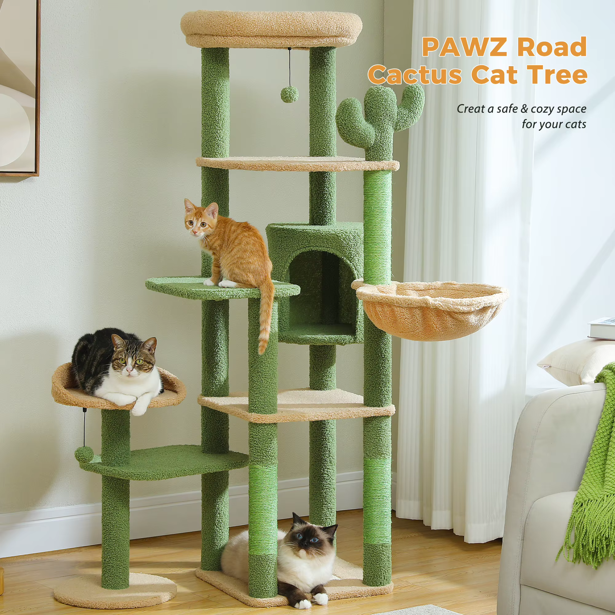 Árbol rascador multinivel para gatos con hamaca, cama y sisal - imagen 3