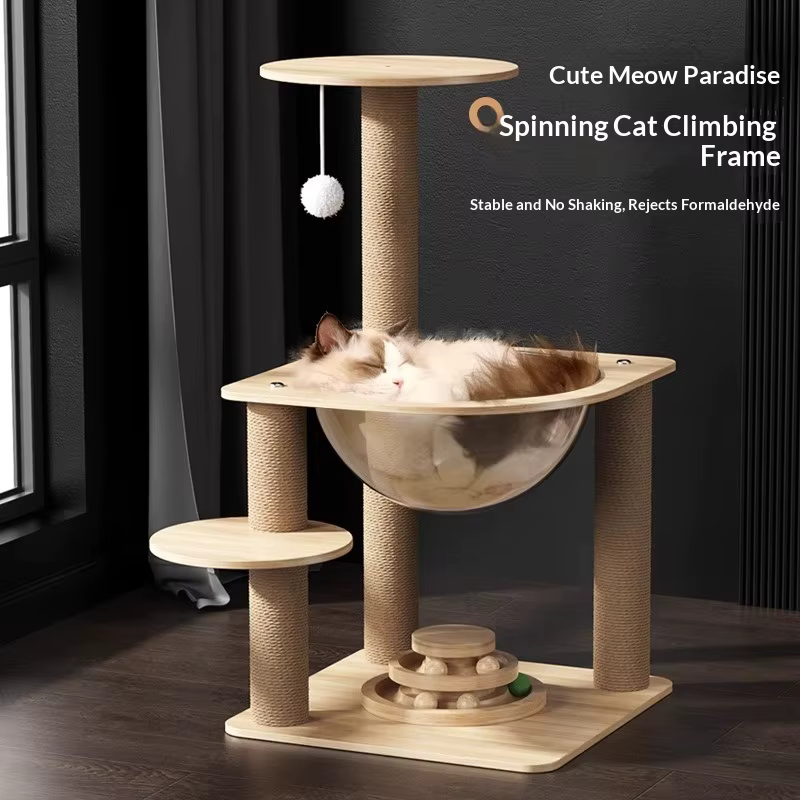 Árbol compacto para gatos con cápsula, cama y rascador de sisal
