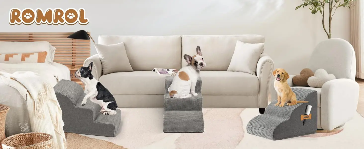 Vista frontal de la escalera para mascotas con diseño inclinado