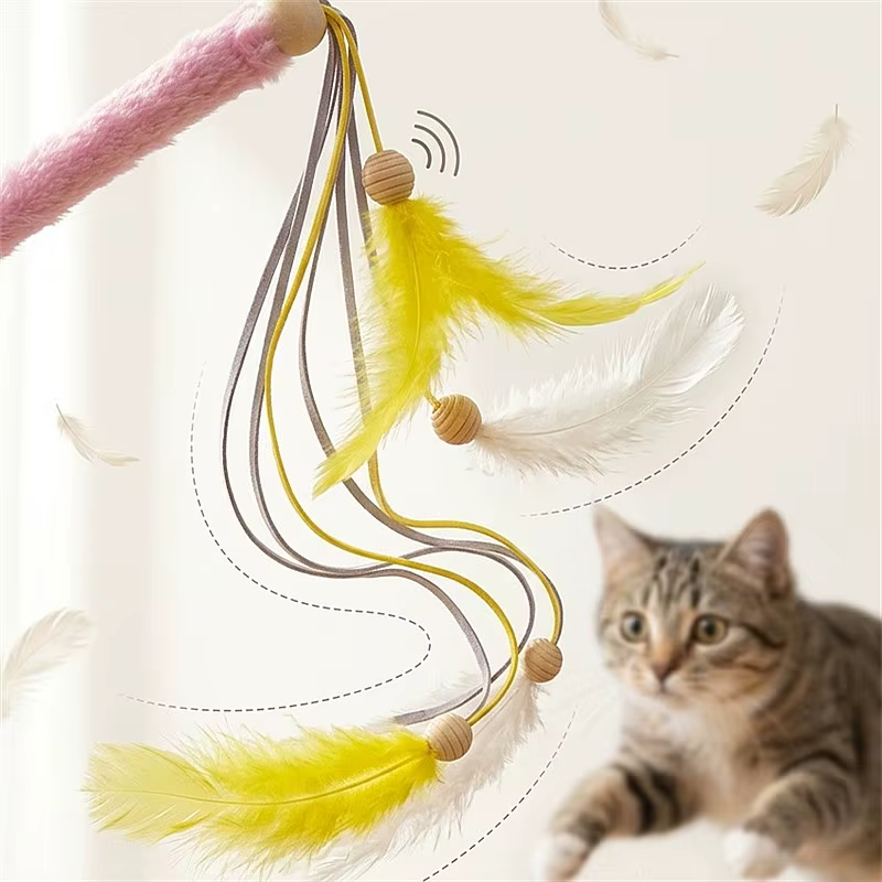 Caña con plumas y borlas para gatos – mango de felpa - imagen 4