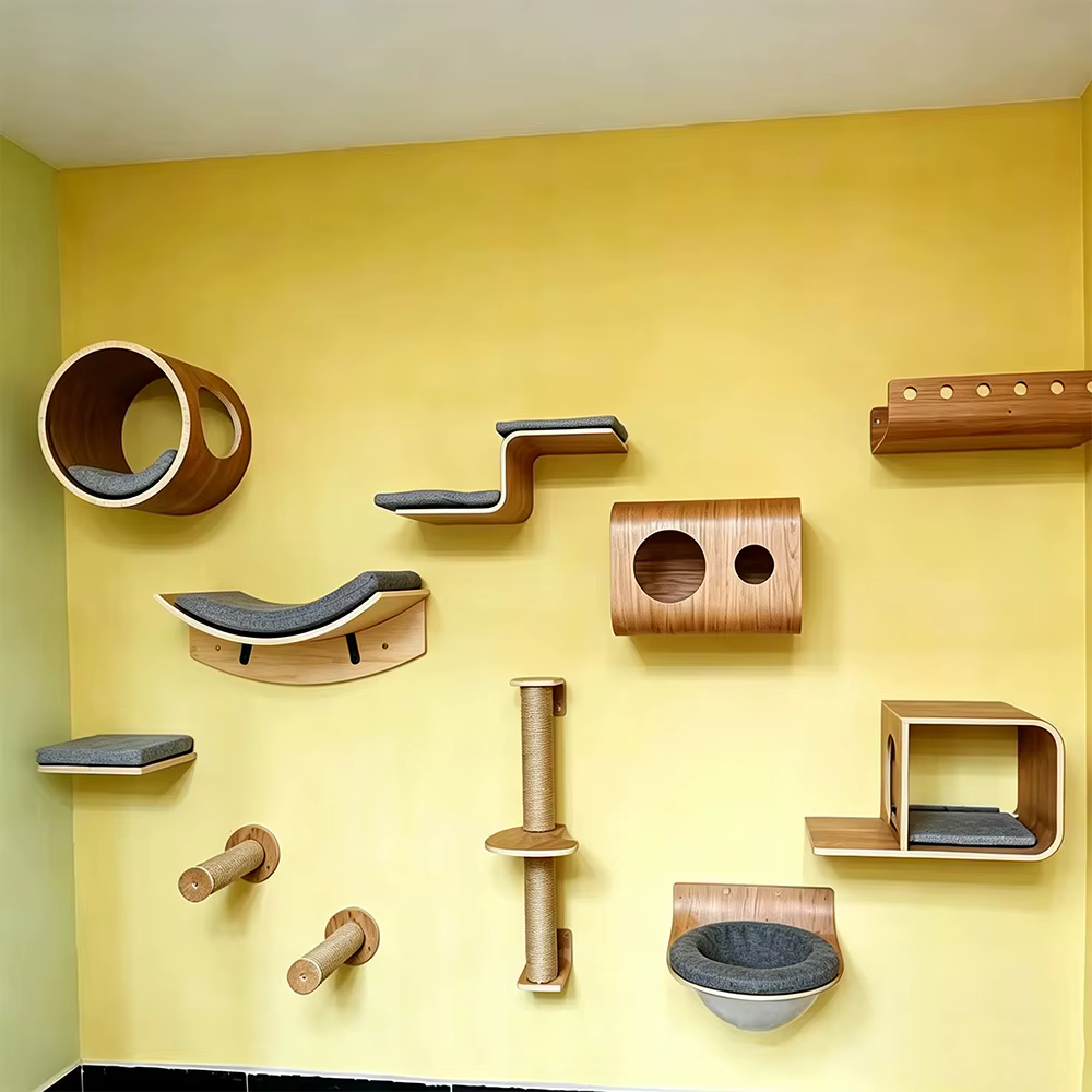 Estante mural para gatos con hamaca, cueva y escaleras de madera - imagen 3