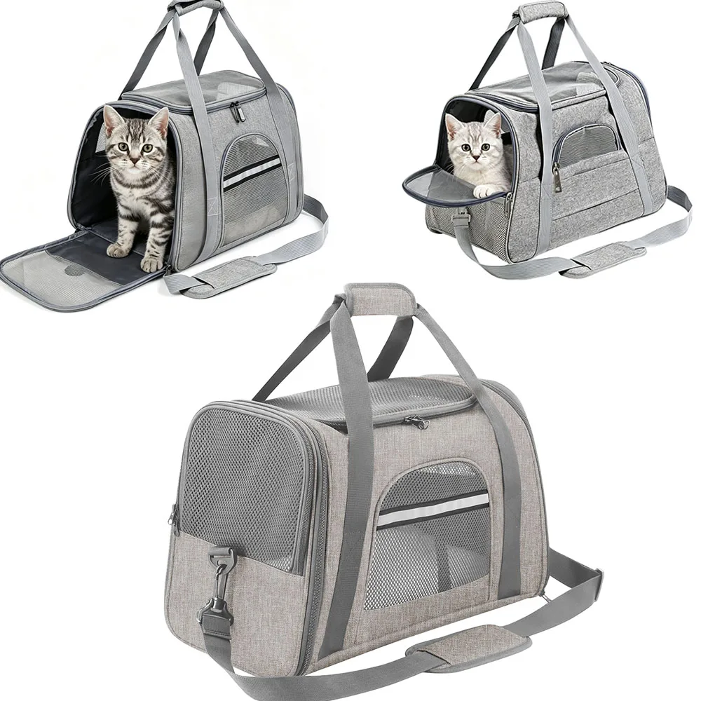 Bolsa de transporte para mascotas color gris con paneles de malla transpirable