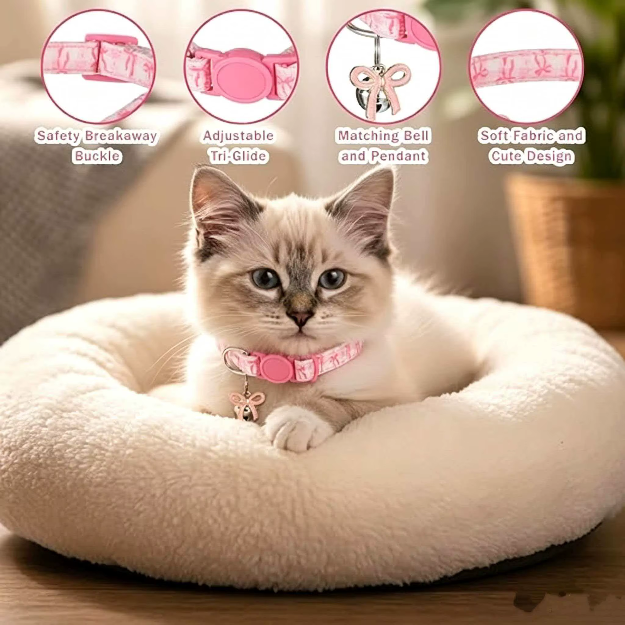 Collar rosa para gato con campana, lazo y flor – ajustable - imagen 4