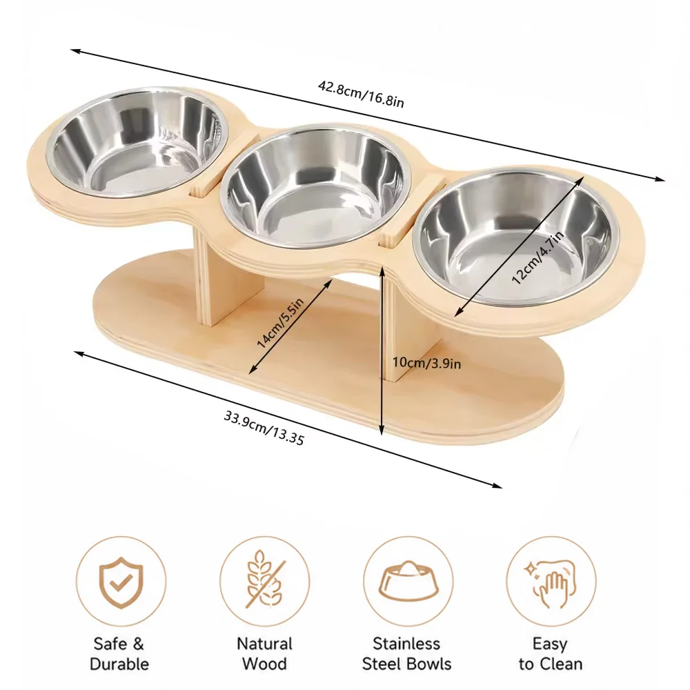 Comedero elevado madera acero 3 tazones para perro y gato - imagen 4