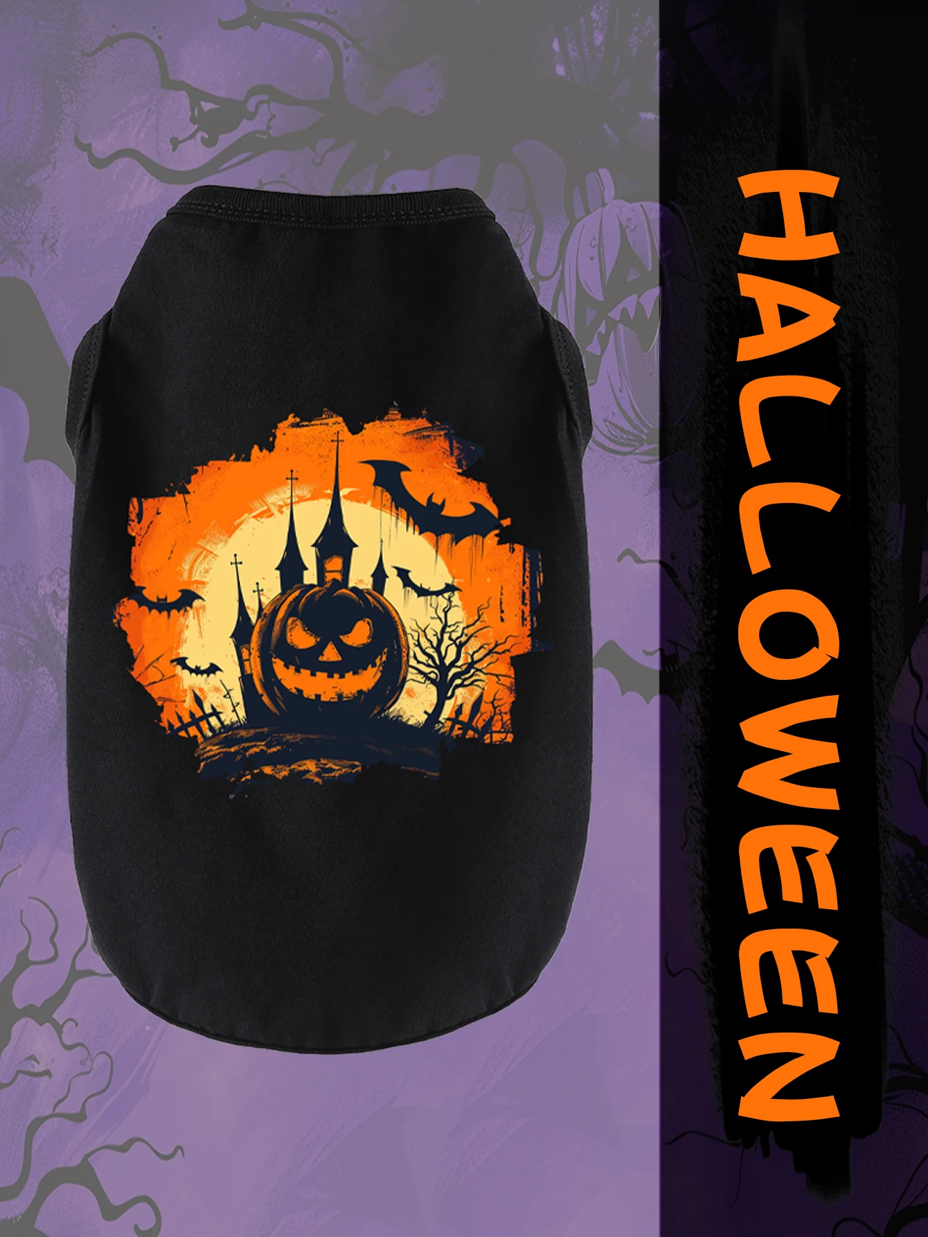 Disfraz de perro Halloween con calabaza murciélagos y castillo