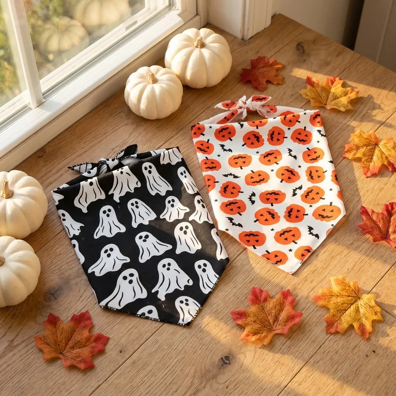 Kits de 2 Pañuelos Halloween para Perros y Gatos – Estampado Calabaza y Fantasma - imagen 4