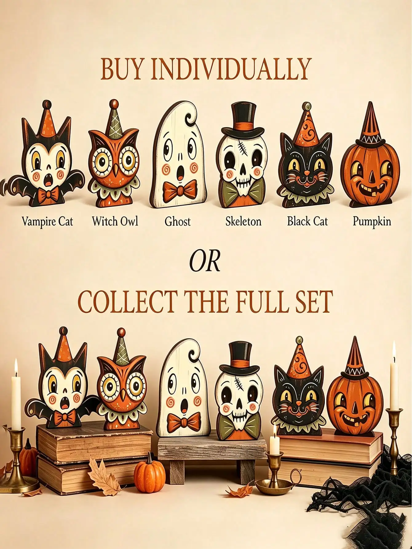 Set Decoraciones Halloween Vintage para Casa – Adornos de Madera - imagen 2
