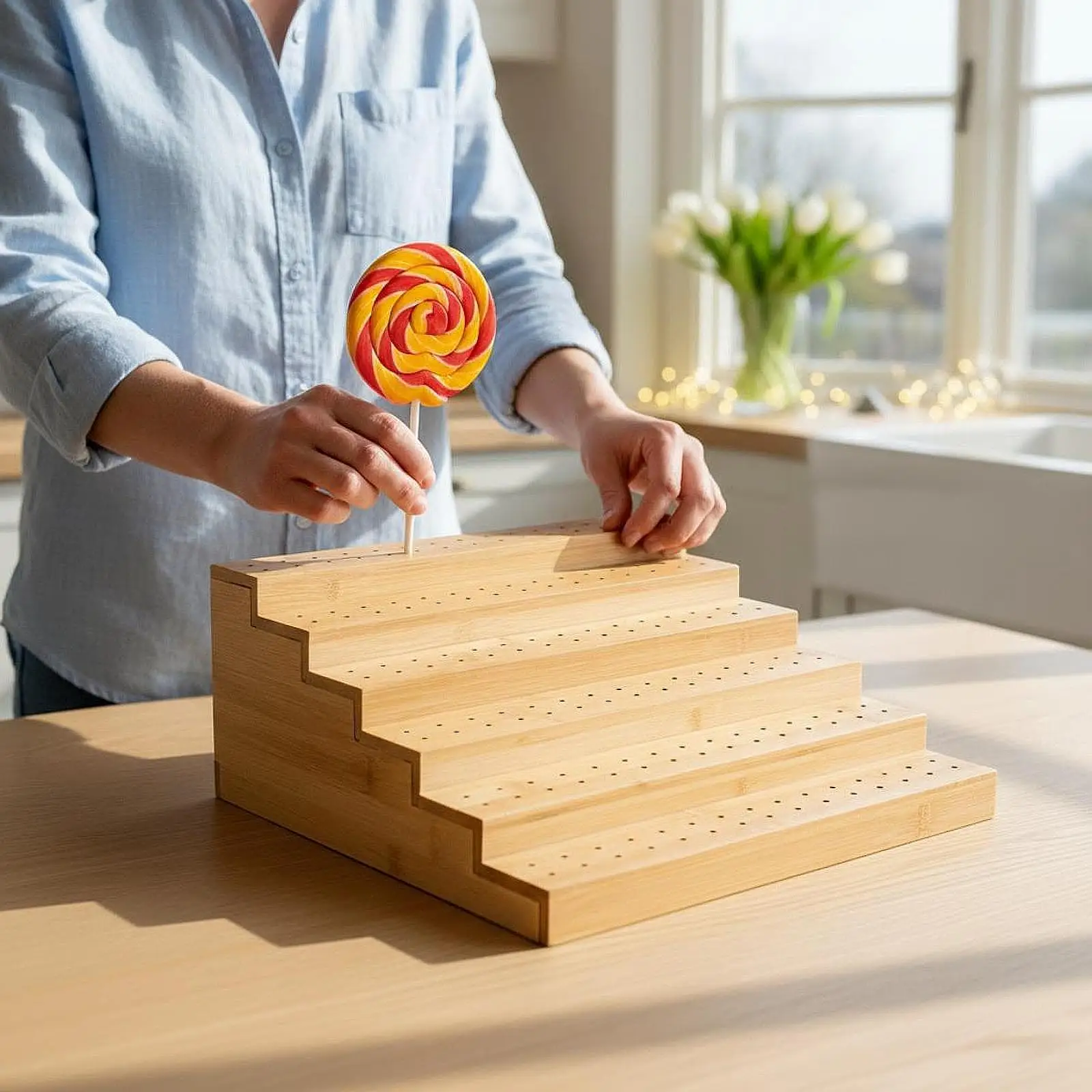 Soporte Piruletas Bambú – Expositor Dulces y Pasteles para Fiestas
