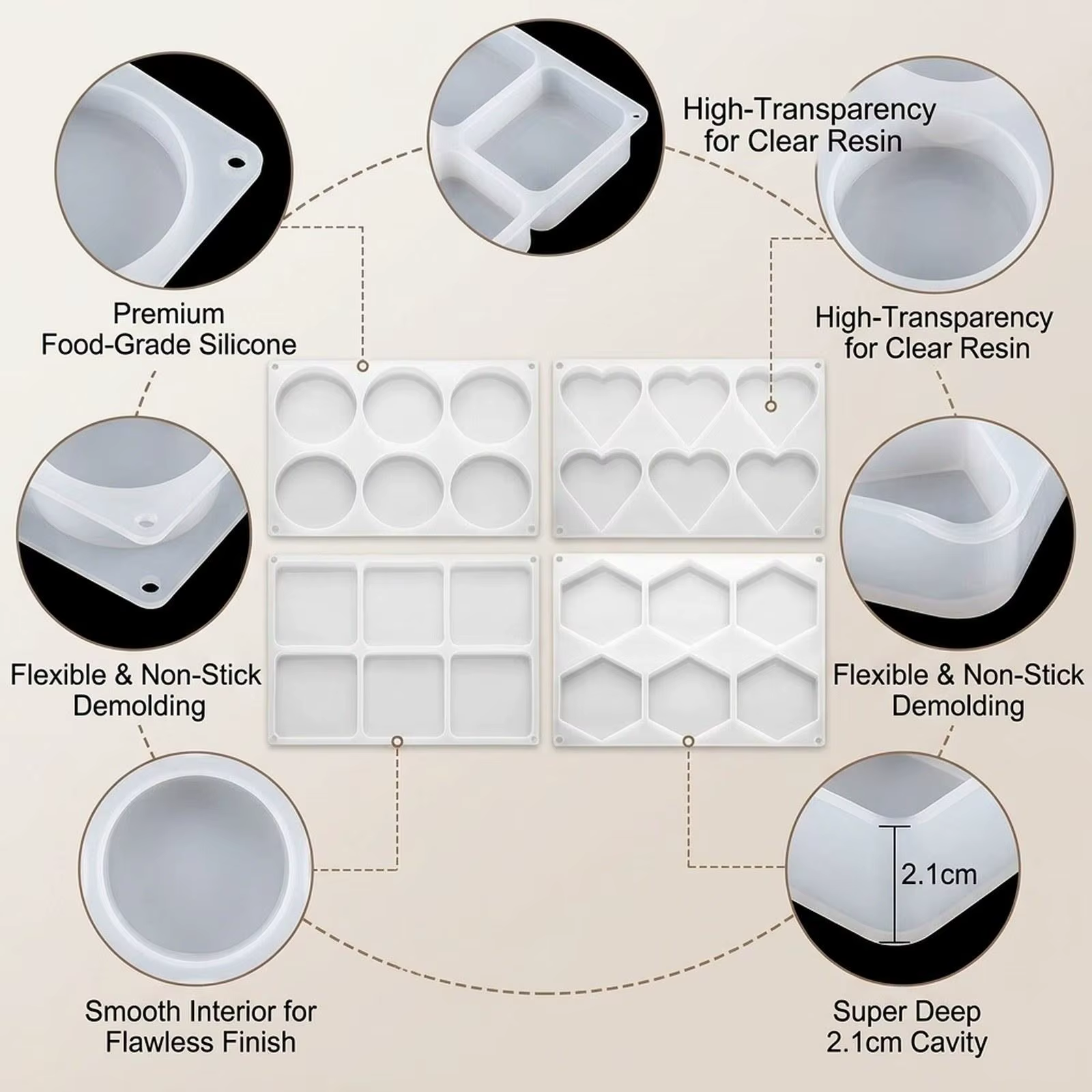 Pack 4 moldes silicona posavasos resina – Redondo, cuadrado y corazón - imagen 2