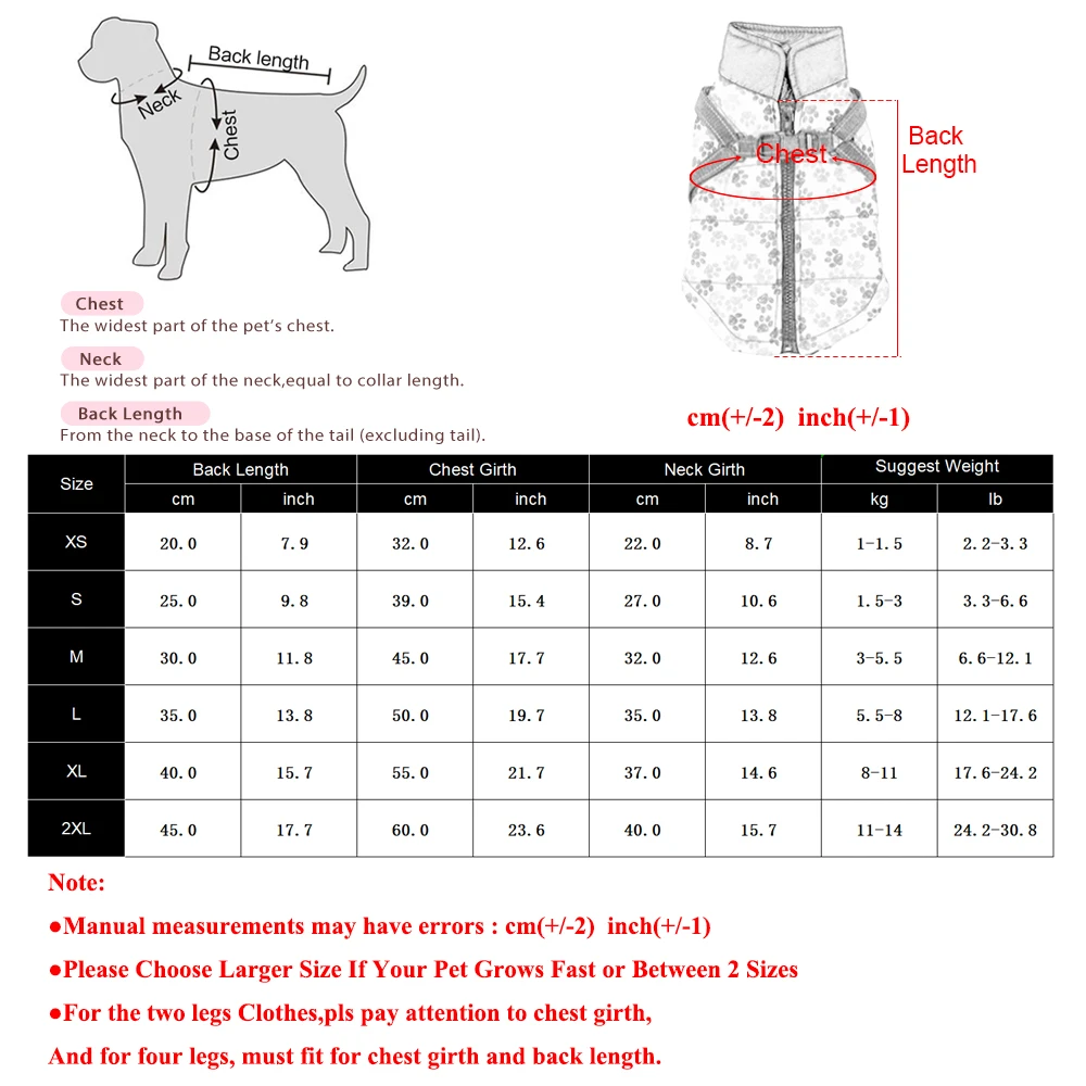 Tabla de tallas ilustrada con perro medido