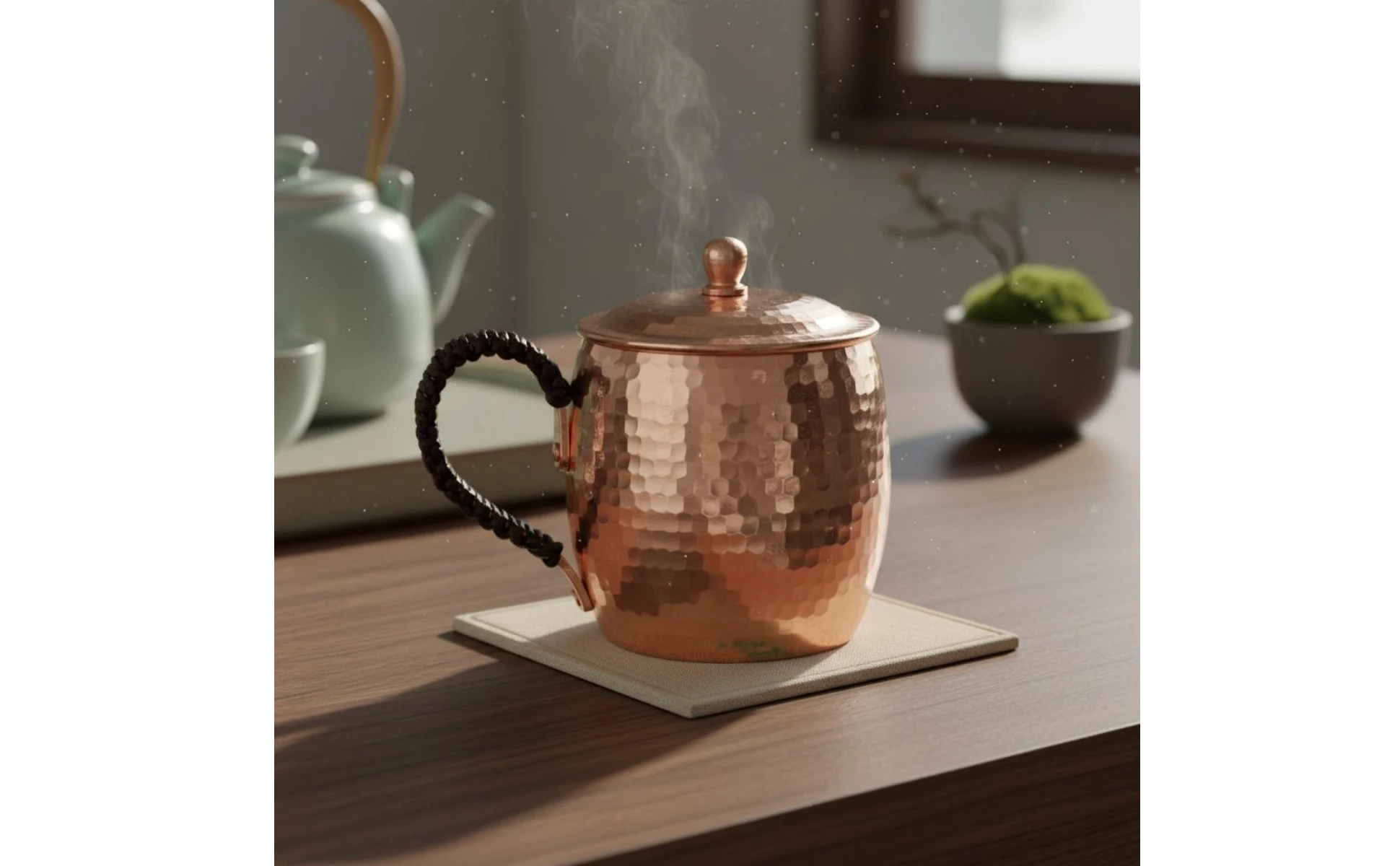Tazas de cobre hechas a mano con acabado pulido y tapa