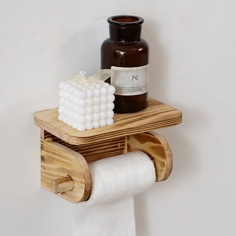 Portarrollos de papel para baño con estante y dispensador madera - imagen 3