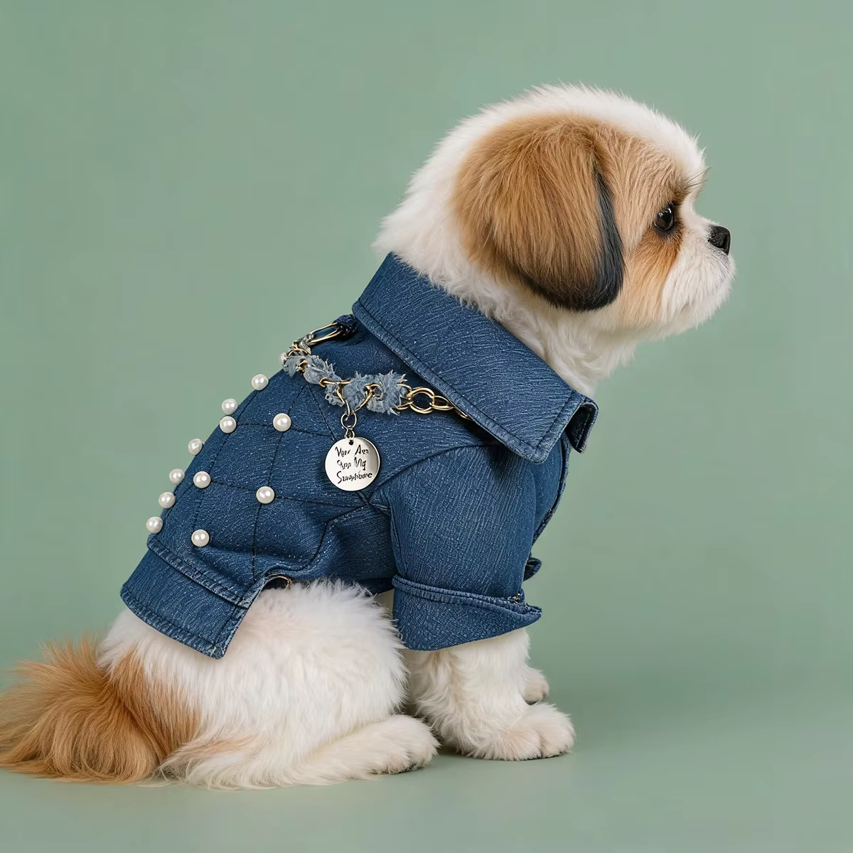 Chaqueta mezclilla perro pequeño con bordado de perlas - imagen 4
