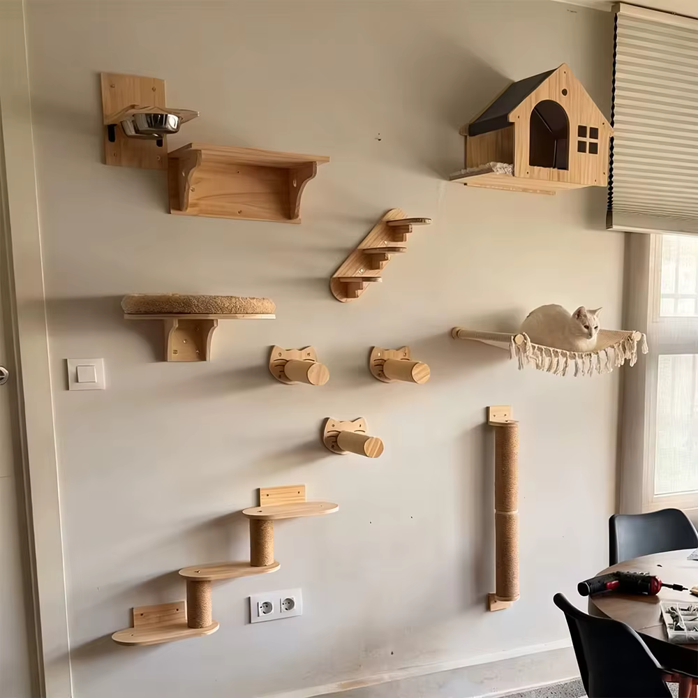 Árbol y torre pared para gatos – Plataforma, hamaca y cueva interior - imagen 4