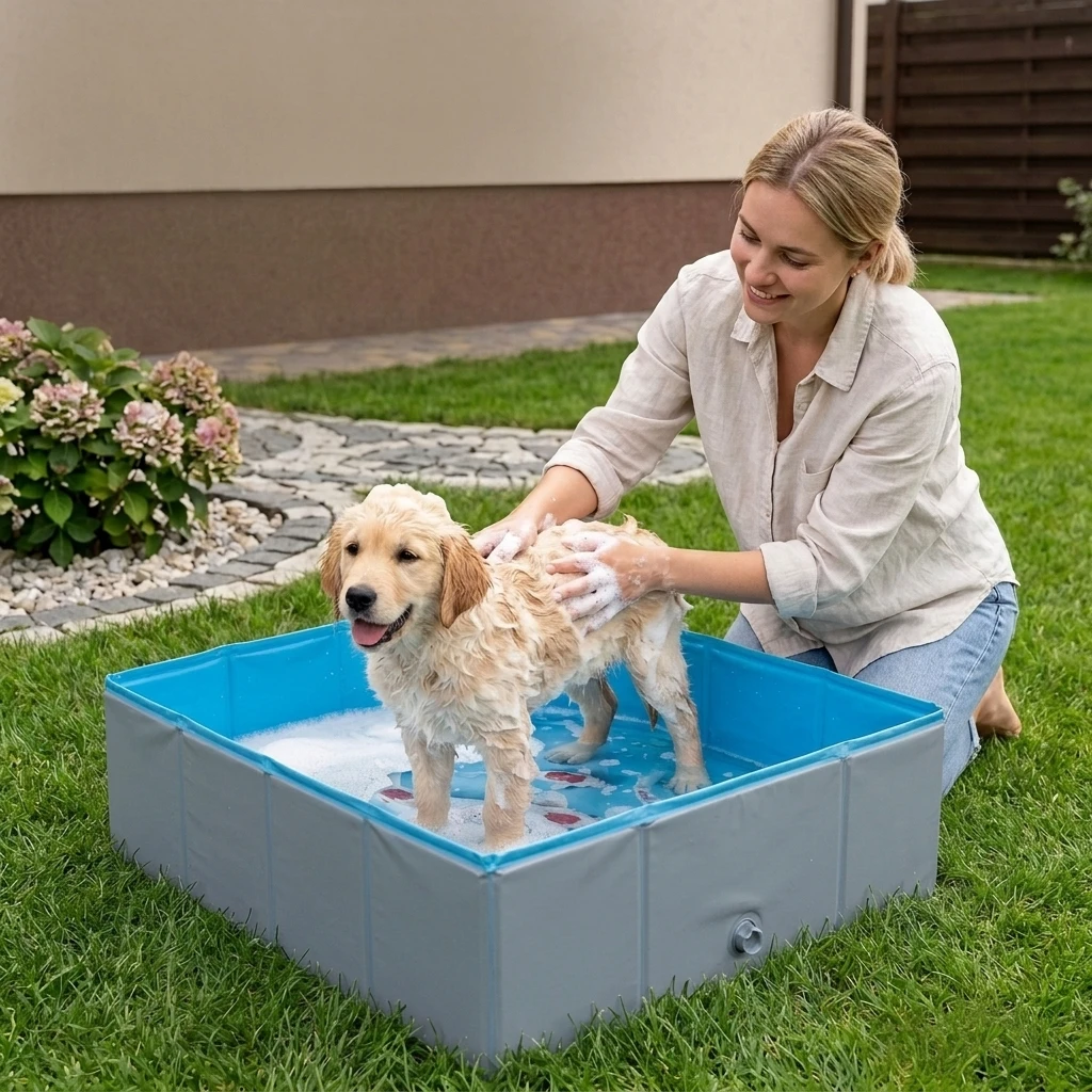 Mascotas disfrutando la piscina plegable