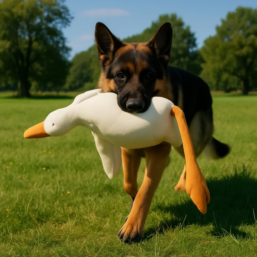 Pato blanco de peluche grande para perros mostrando su diseño realista