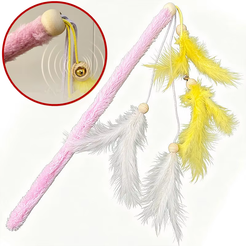 Caña con plumas y borlas para gatos – mango de felpa - imagen 5