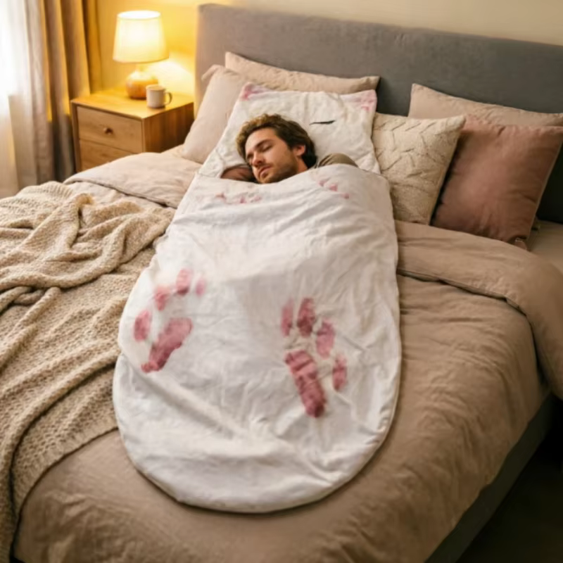 Detalle del saco de dormir con forma de gato o perro