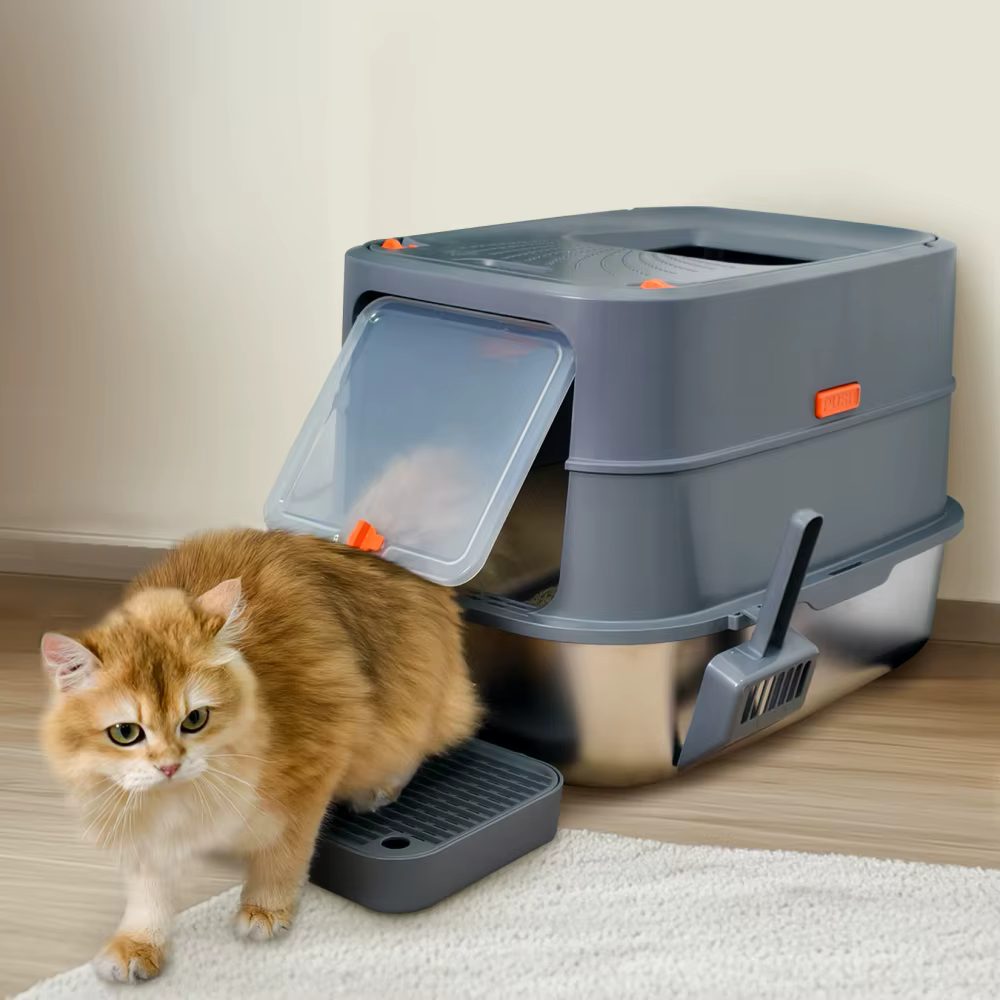 Arenero cerrado para gatos de acero inoxidable extra grande con pala