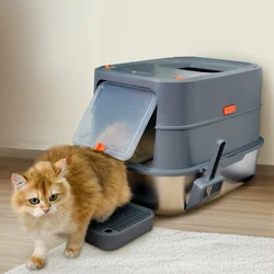 Arenero cerrado para gatos de acero inoxidable extra grande con pala