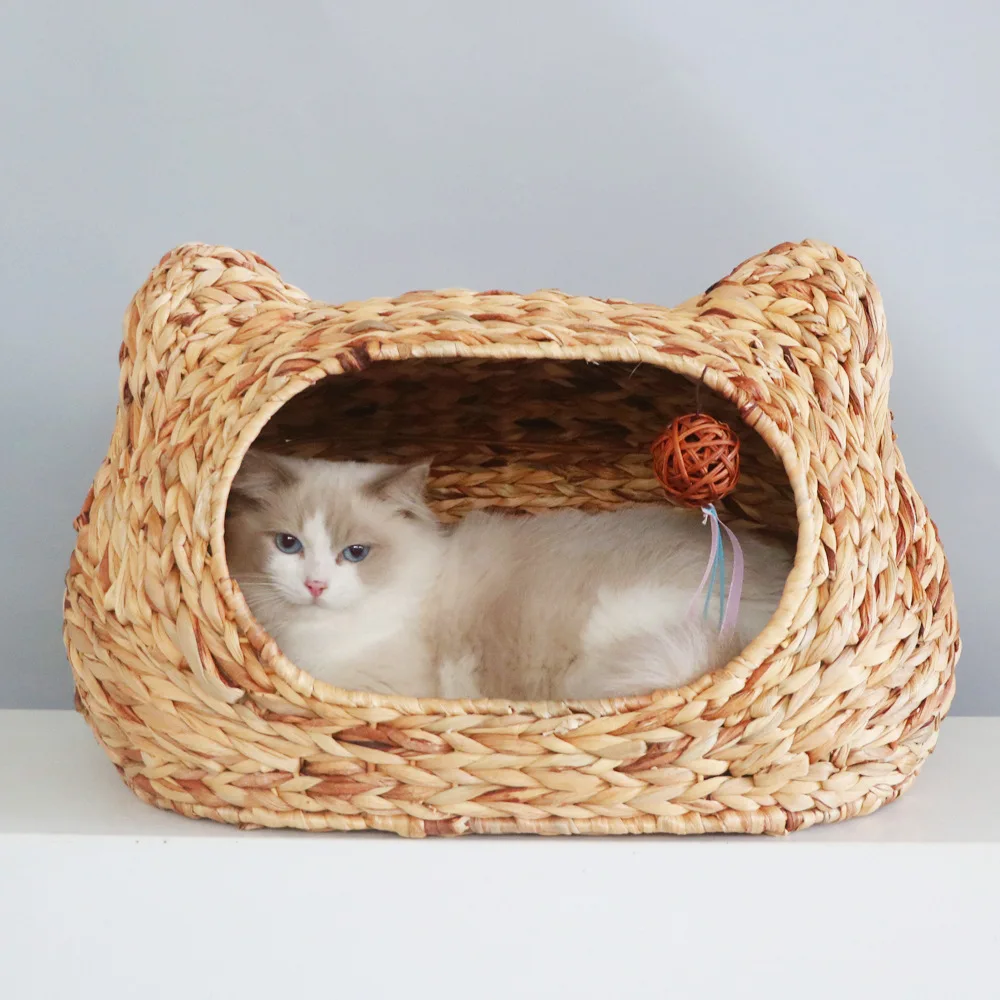 Cama para gatos de ratán lavable tejida a mano semicerrada todo el año