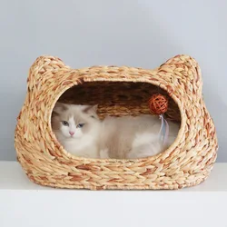 Cama para gatos de ratán lavable tejida a mano semicerrada todo el año