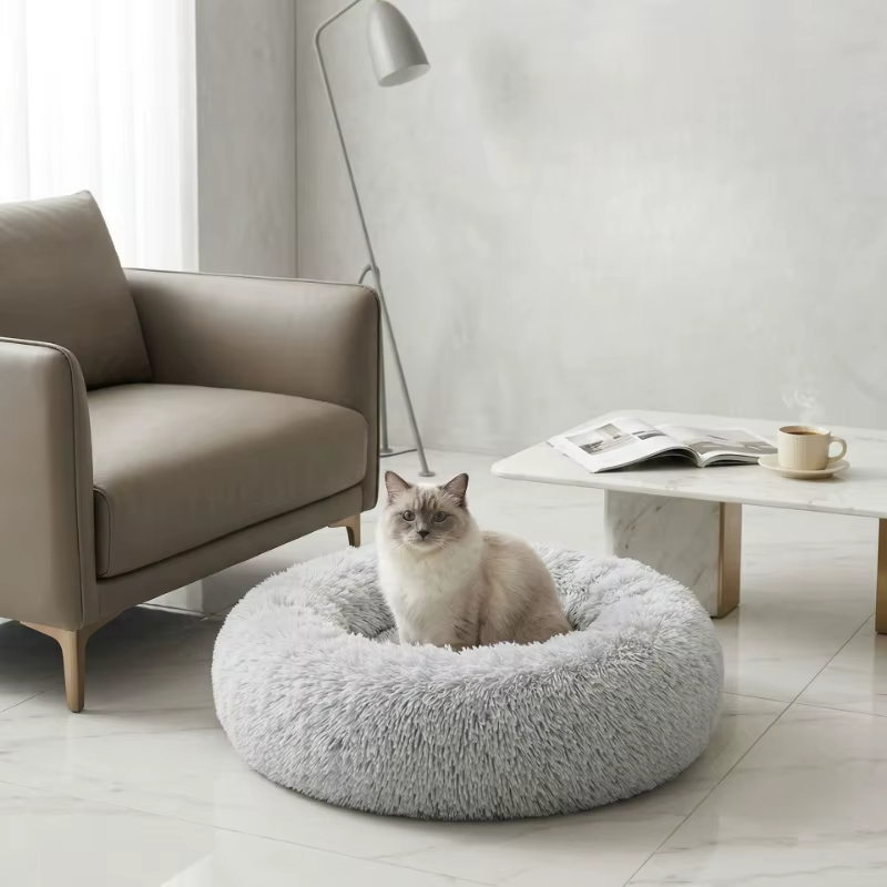 Cama redonda de felpa lavable con funda extraíble para gatos y perros
