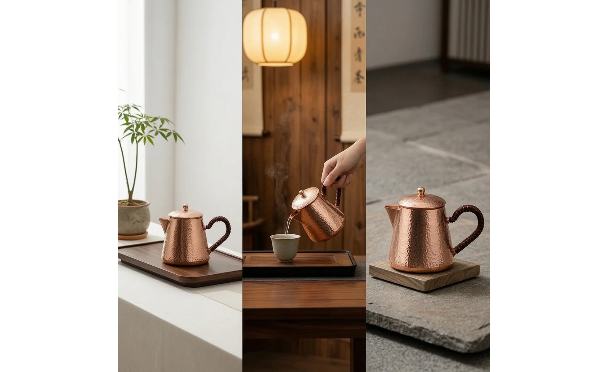 Tetera de cobre sobre superficie de cocina, muestra su aspecto decorativo