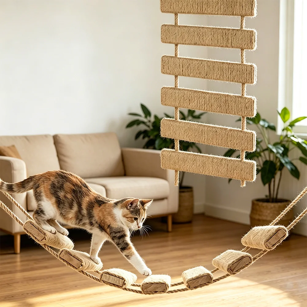 Rascador de pared de madera con sisal y escalera para gatos