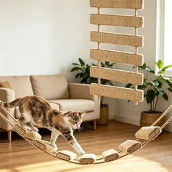 Rascador de pared de madera con sisal y escalera para gatos