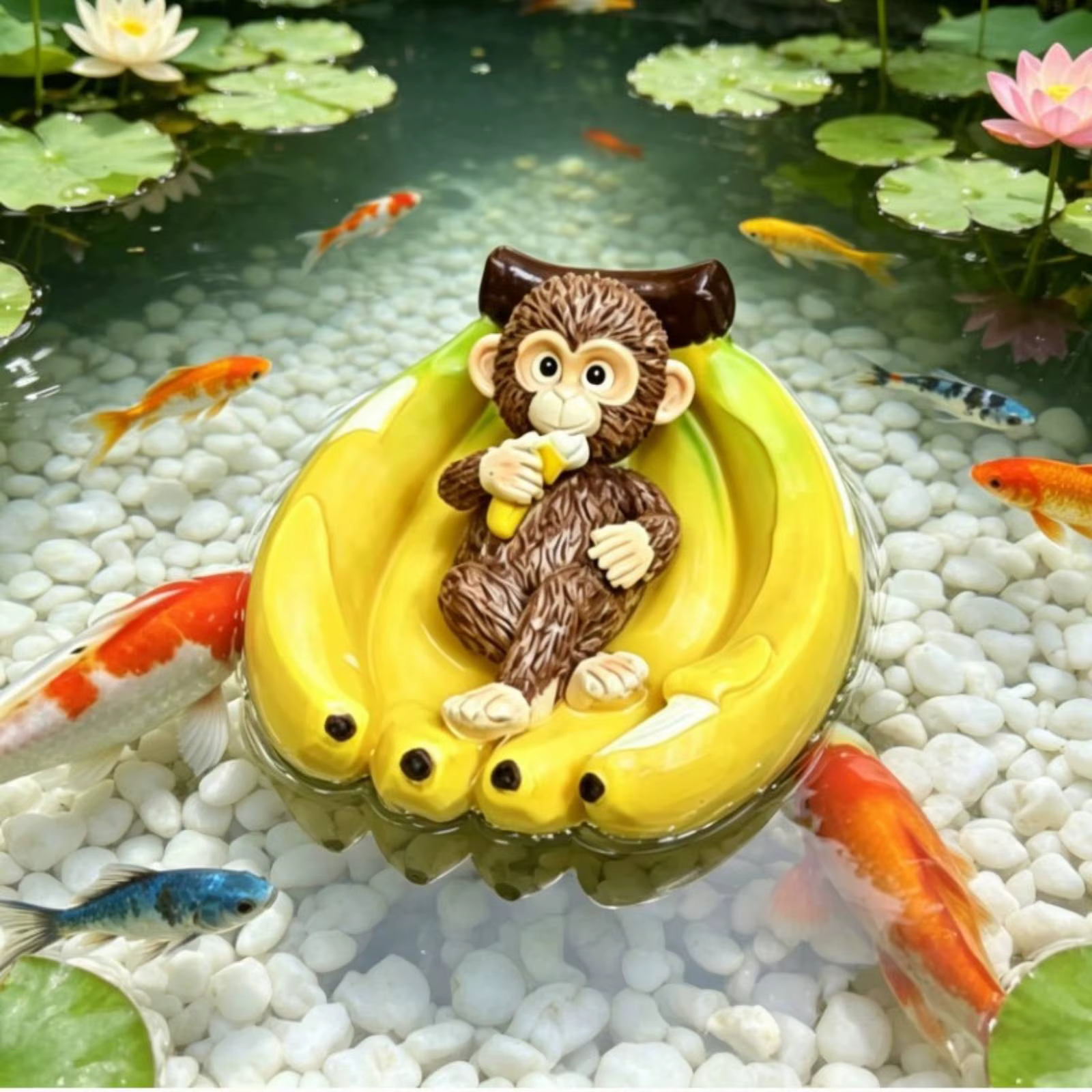 Decoración de acuario: escultura mono en bote de plátano