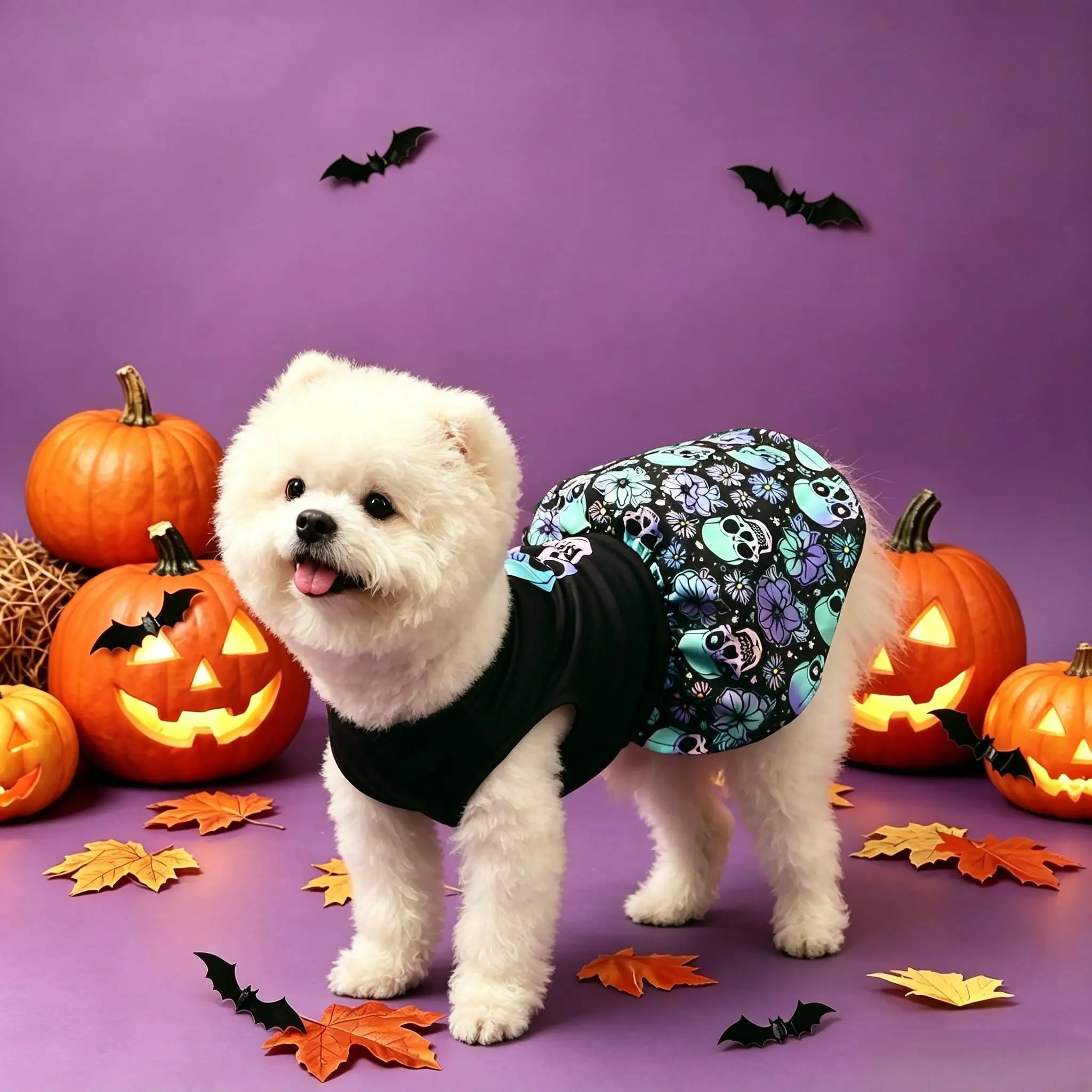 Vestido tutú morado con calaveras para mascotas