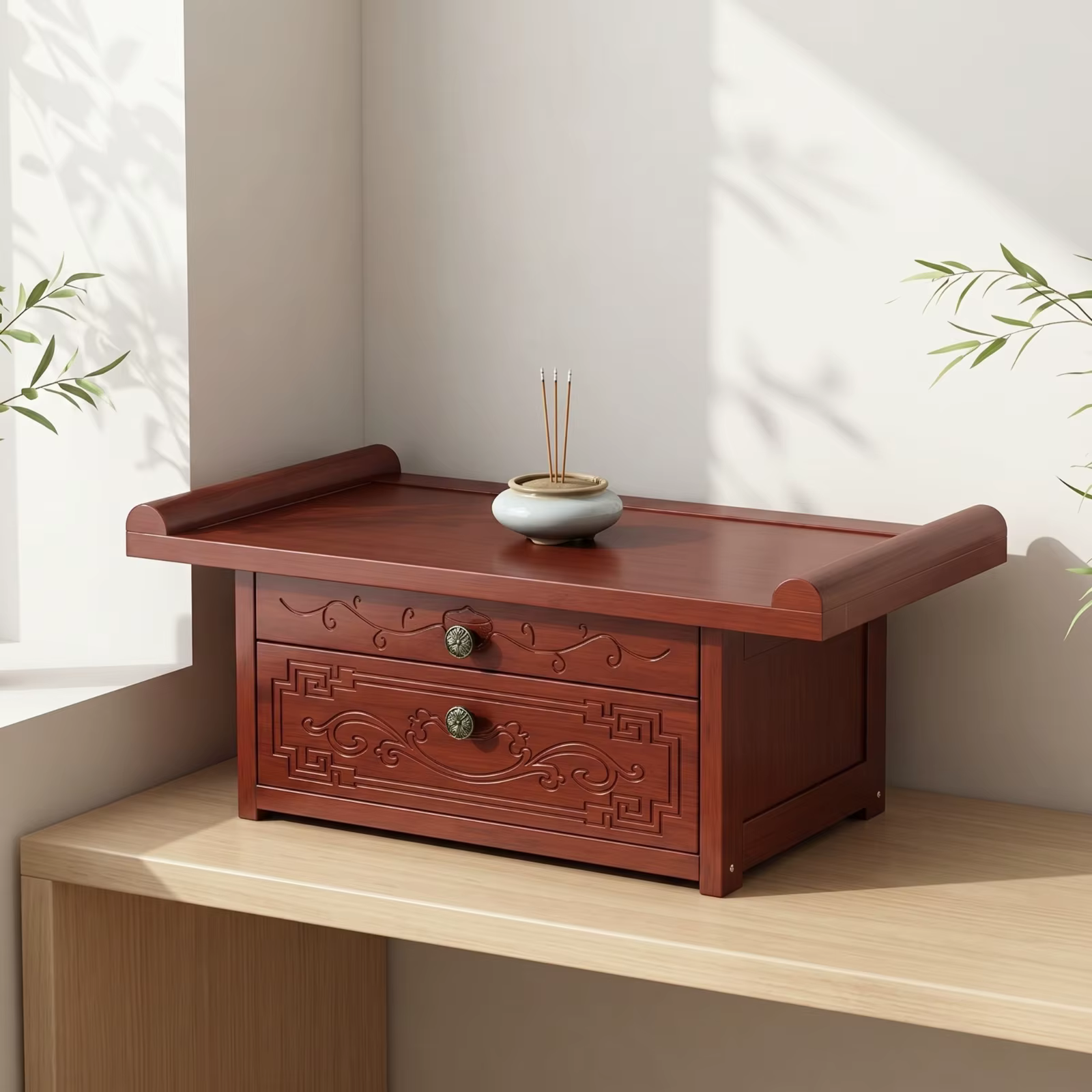 Mesa altar budista tallada con cajón, mueble compacto y resistente - imagen 3