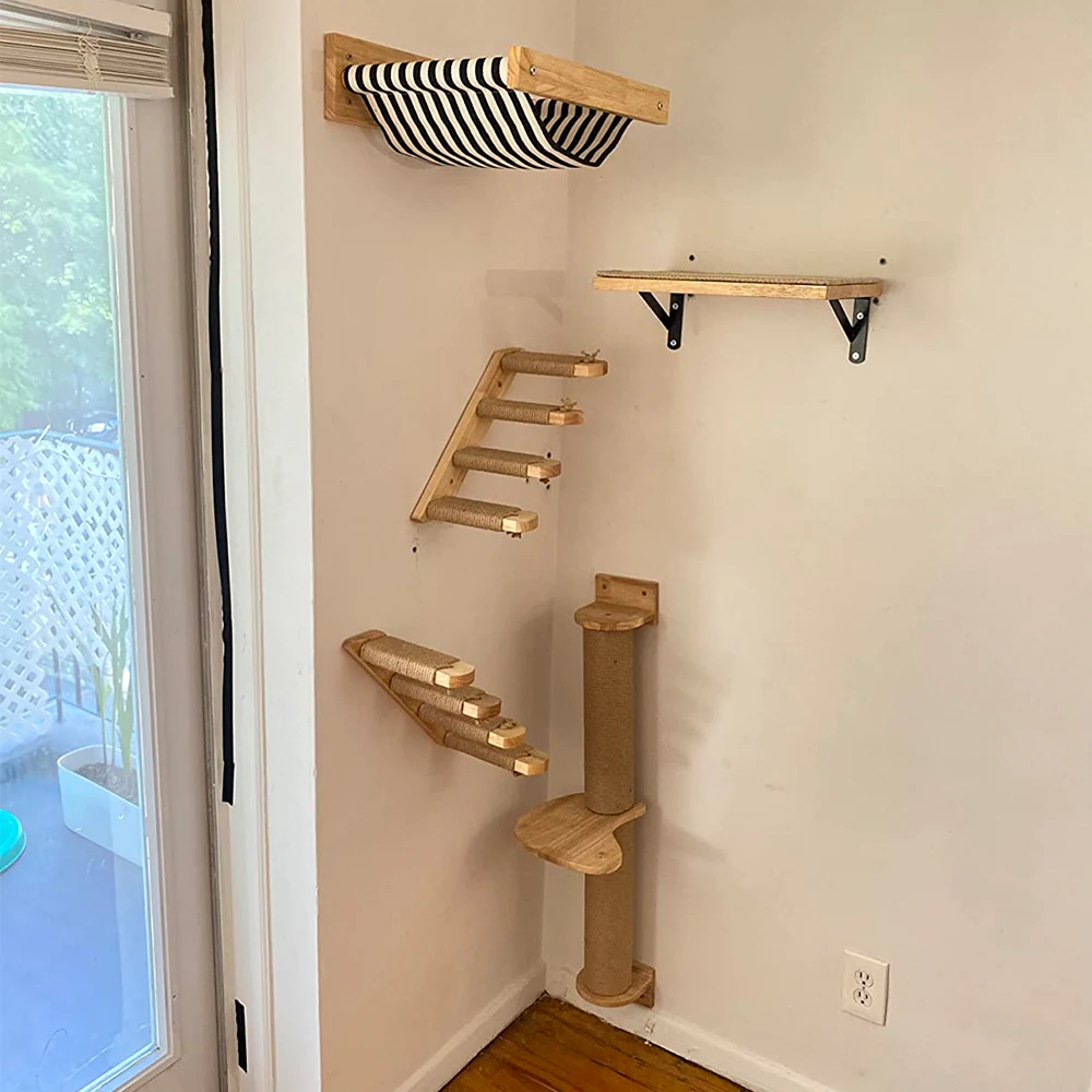 Mueble rascador de pared para gatos madera, sisal y hamaca - imagen 3