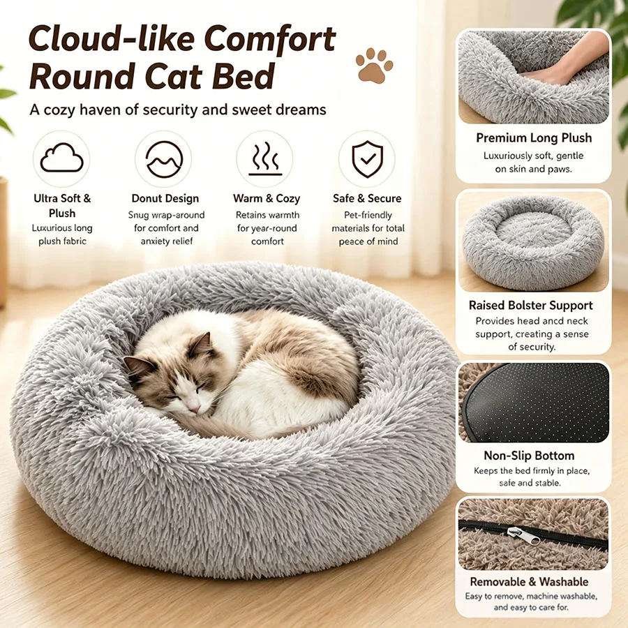 Cama tipo donut suave para perros y gatos pequeños, cálida y lavable - imagen 3