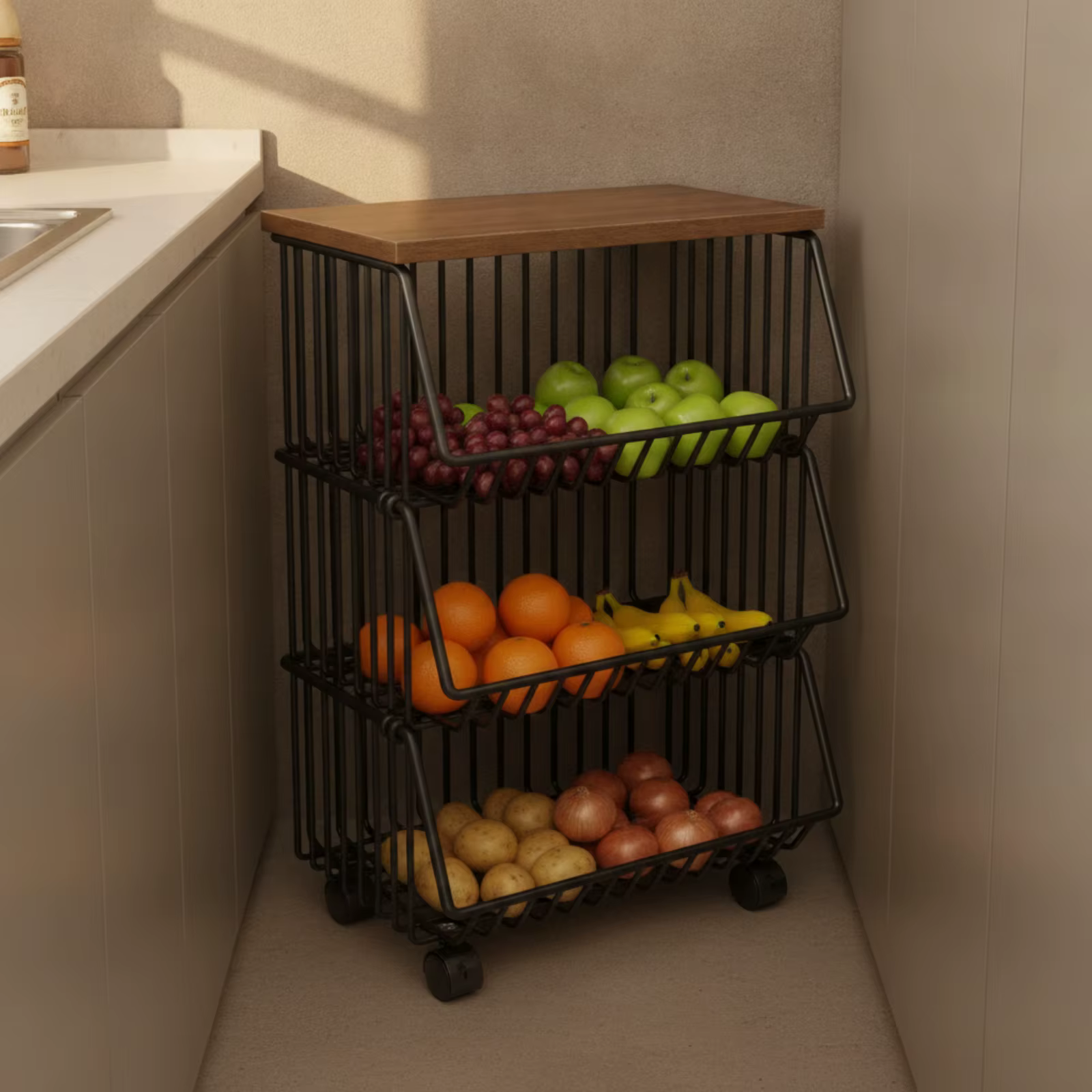 Carrito rodante organizador gatos y perros, cestas alambre y madera - imagen 4