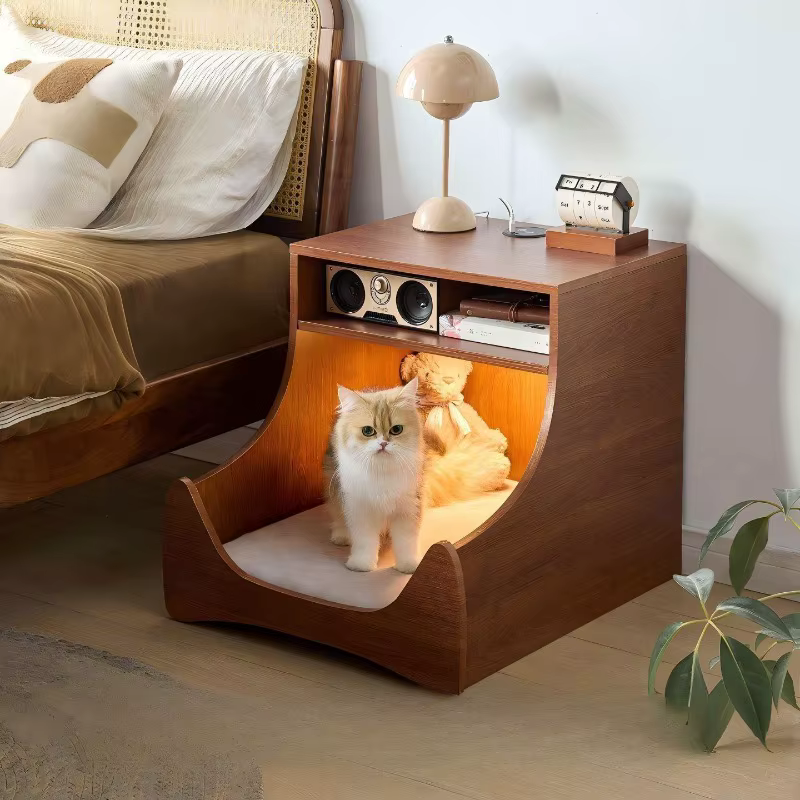 Mesa de noche madera para gatos, cama-cueva suave multifuncional