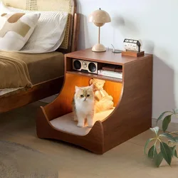Mesa de noche madera para gatos, cama-cueva suave multifuncional