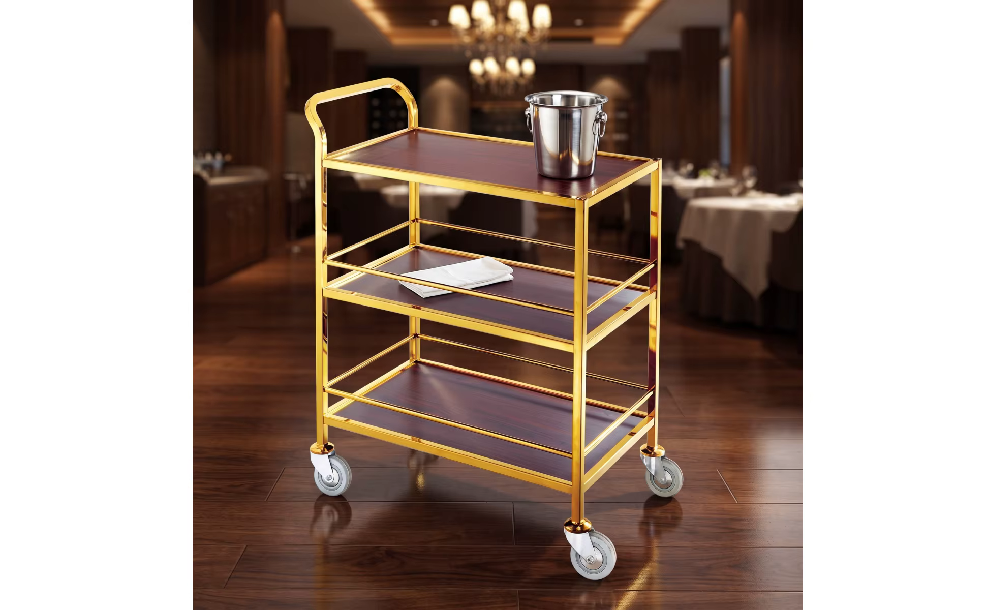 Carrito de servicio con detalles de construcción y ruedas