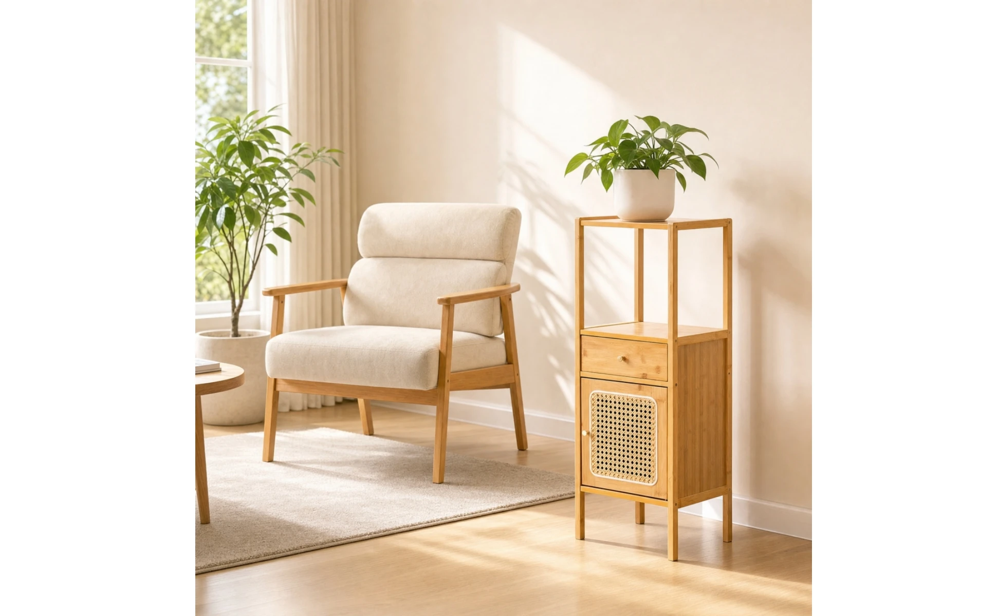 Mueble delgado ubicado en un rincón de sala de estar con planta sobre el estante superior