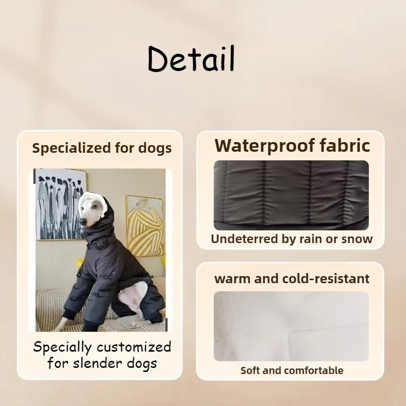 Perro usando el mono impermeable en día de nieve