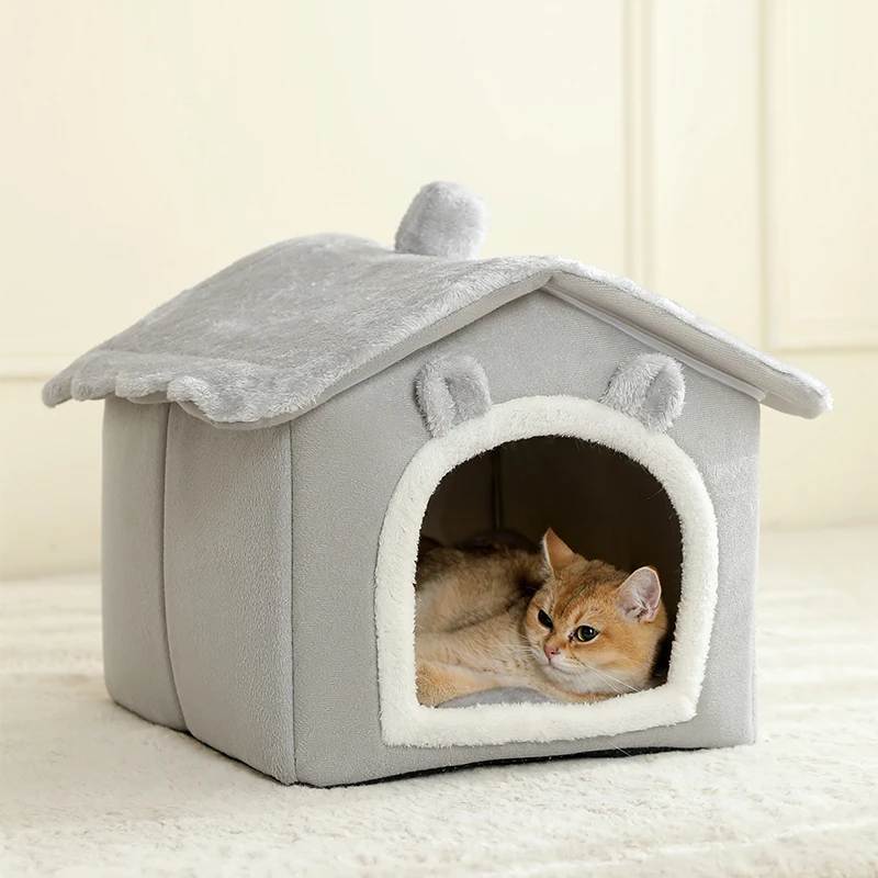 Mascota pequeña dentro de la casa plegable, asomando la cabeza por la entrada