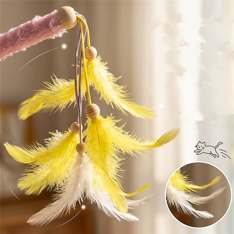 Caña con plumas y borlas para gatos – mango de felpa - imagen 3