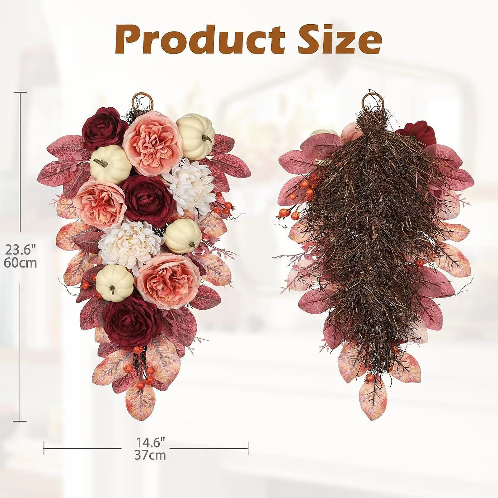 Corona de otoño decorativa para puerta – Flores artificiales y decoración natural - imagen 3
