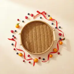Bandeja decorativa rústica de ratán con asas de madera