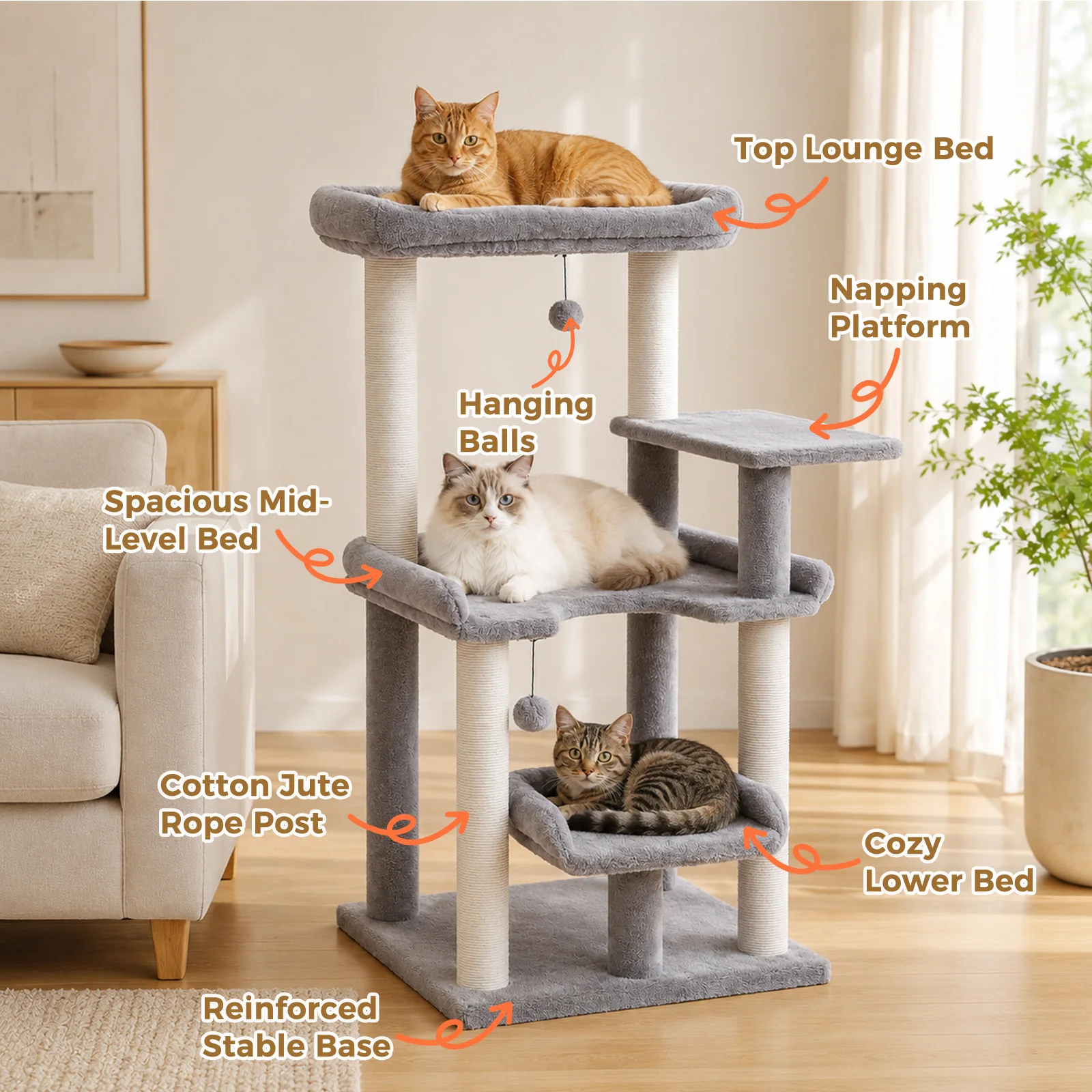 Árbol rascador para gatos con sisal – Torre multinivel con cama incluida