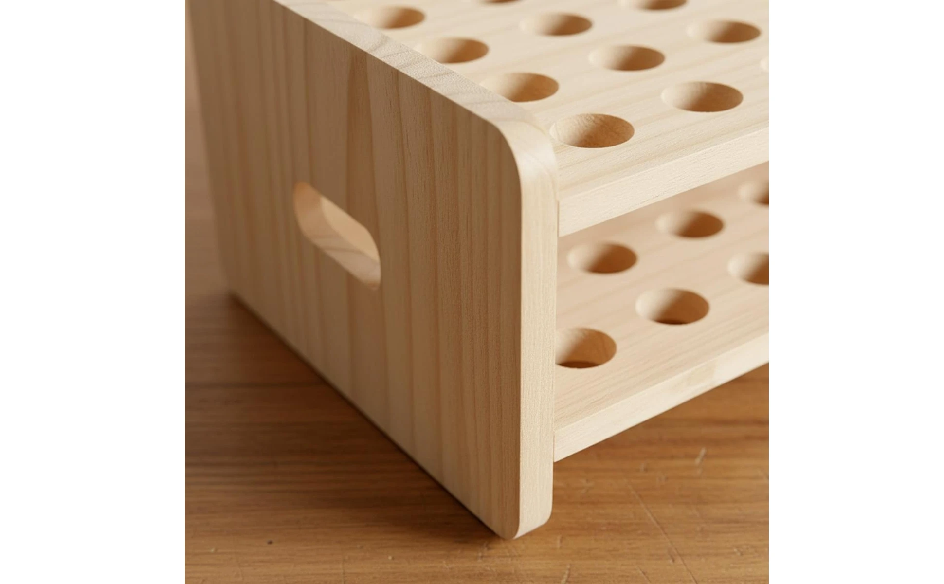 Vista general del organizador de madera de dos niveles sobre una mesa de trabajo