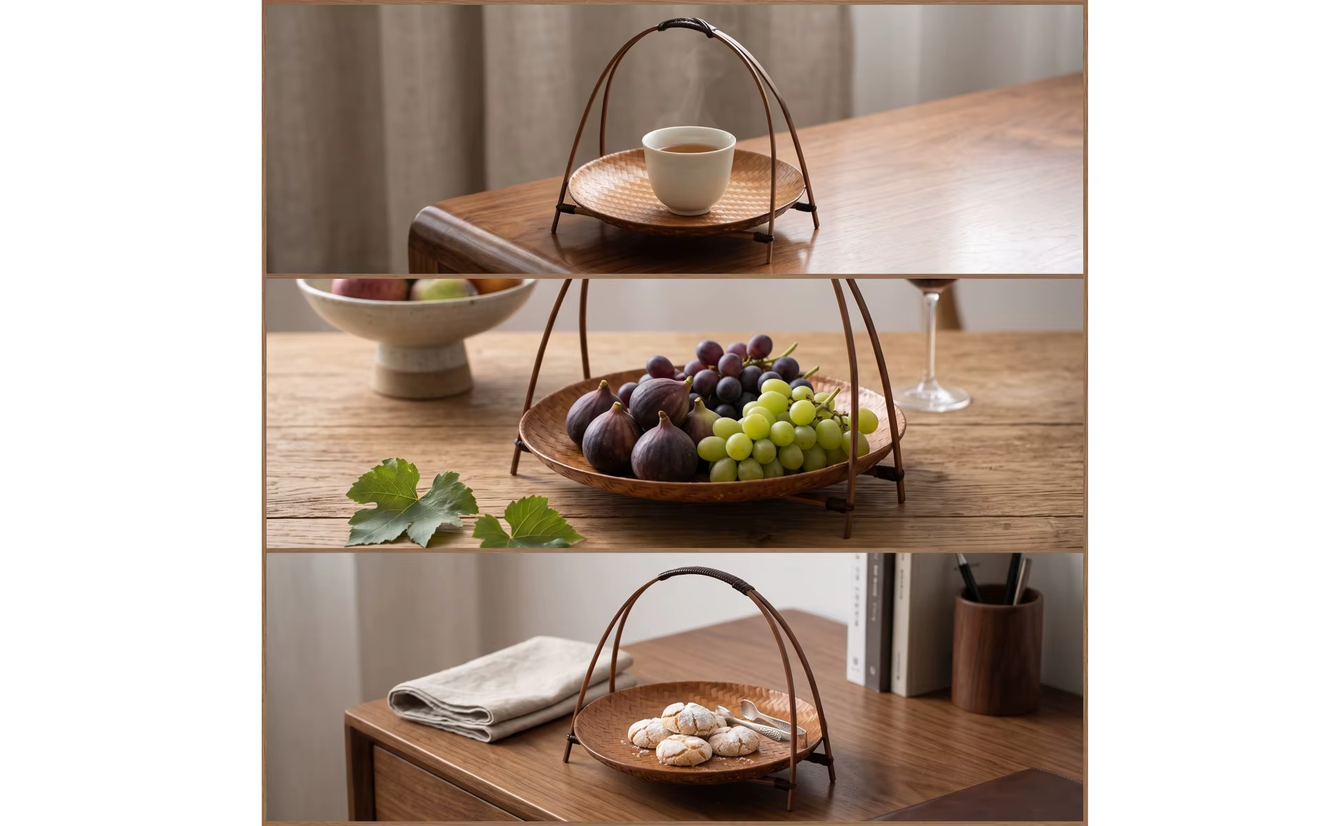 Cesta decorativa de mimbre con soporte en mesa