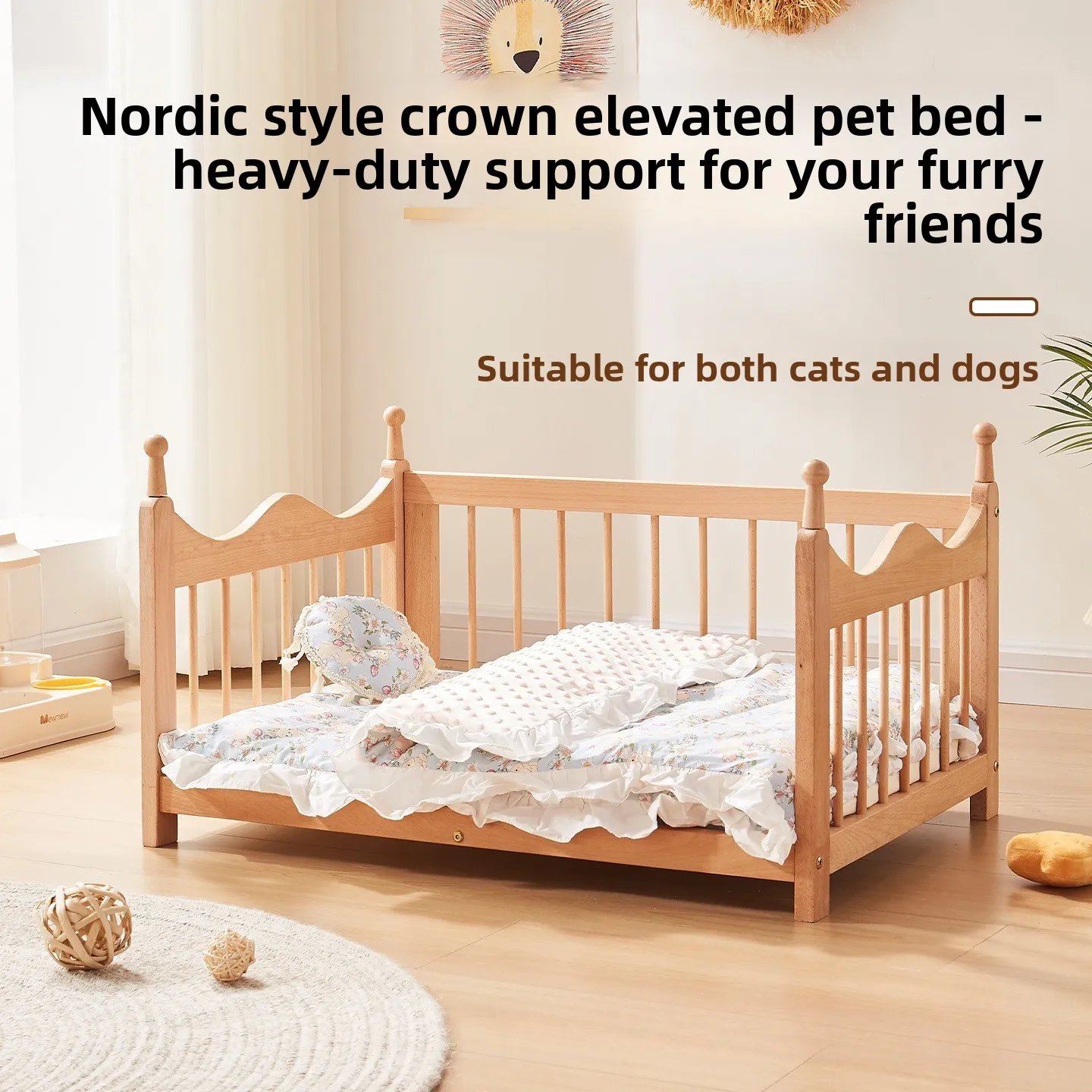 Cama elevada de madera maciza para gatos y perros, con valla - imagen 4