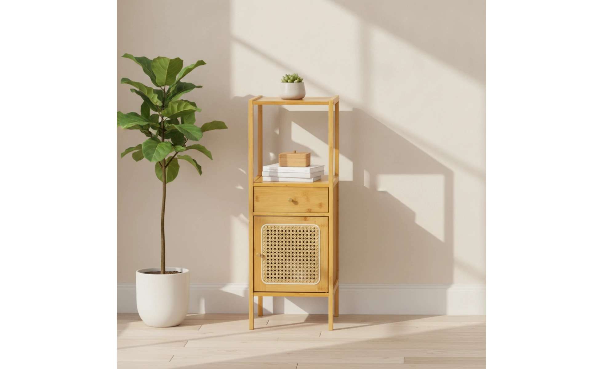 Soporte para plantas con gabinete visto desde ángulo lateral mostrando su diseño compacto